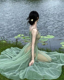 Gentle A Line Spaghetti Strap Green Tulle Long Party Dress Evening Dress HZ1023