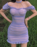 Purple Sheath Halter Tulle Open Back Homecoming Dress Party Dress HZ1023