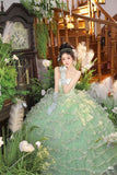 Princess A Line Sweetheart Neck Beaded Green Tiered Tulle Long Party Dress Evening Dress HZ1023