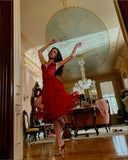 Sexy A Line Spaghetti Strap Flower Burgundy Chiffon Short Party Dress Evening Dress HZ1023