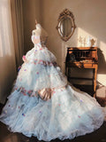 Romantic Hydrangea Flower Sweetheart Neck Ball Gown Layered Blue Organza Prom Dress Birthday Dress HZ1023