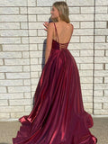 A Line Spaghetti Strap Burgundy Satin Long Prom Dress With Slit HZ1023