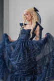 Star Sequin Navy Blue A Line Straps Layered Tulle Date Dress Prom Dress Evening Dress HZ1023