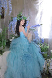 Princess Ball Gown Strapless Tiered Flower Blue Tulle Party Dress Birthday Dress HZ1023