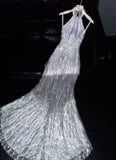 Silver Sequin Mermaid Halter Satin Backless Prom Dress Evening Dress with Slit HZ1023