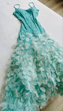 Retro Blue Mermaid Spaghetti Strap Beaded Chiffon Prom Dress Party Dress HZ1023