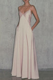 Light Pink Simple A Line Spaghetti Strap Satin Long Prom Dress Evening Dress HZ1023