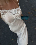 Simple A Line Spaghetti Strap Lace Satin Party Dress Wedding Guest Dress with Slit HZ1023