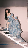 Romantic A Line Puff Sleeve Print Flower Blue Chiffon Party Dress Evening Dress with Slit HZ1023