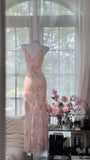 Flowy Elegant Pink Print Floral Beaded Chiffon Evening Dress Party Dress HZ1023