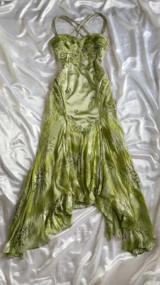 Gold Vintage Floral Satin Applique Spaghetti Straps Chiffon Prom Dresses Party Dresses HZ1023