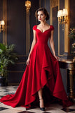 Charming Red A Line V Neck Satin Long Prom Dress Evening Dress with Slit HZ1023