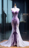 Stunning Mermaid Spaghetti Straps Appliques Purple Chiffon Prom Dress Evening Dress HZ1023