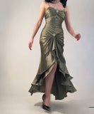 Retro Green Mermaid Spaghetti Strap Beaded Satin Prom Dress Evening Dress HZ1023