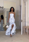 Cute Mermaid Strapless Blue Print Floral Ruffle Chiffon Prom Dress HZ1023