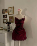 Sexy Burgundy A Line Spaghetti Strap Lace Satin Homecoming Dress Cocktail Dress Outfits HZ1023
