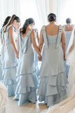Baby Blue Mermaid Straps Tiered Satin Prom Dress Bridesmaid Dress HZ1023