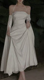 White Simple Clean A Line Halter Long Sleeve Satin Long Prom Dress Evening Dress HZ1023