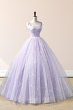 Purple A Line Straps Embroidered Tulle Floor Length Evening Dress Prom Dress HZ1023