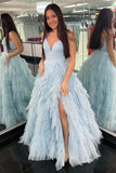 Blue A Line V Neck Layered Tulle Open Back Formal Dress Prom Dress with Slit HZ1023
