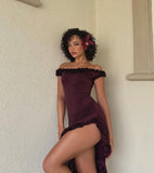 Unique Sheath Off the Shoulder Satin Long Prom Dress Evening Dress with Slit HZ1023