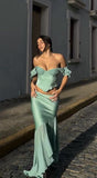 Gentle Mermaid Off the Shoulder Two Piece Chiffon Satin Party Dress Evening Dress HZ1023