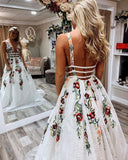 V-neck Sexy Floral Embroidered Long Prom Dresses HZ1023