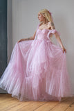 Star Sequin Pink A Line Straps Layered Tulle Date Dress Prom Dress Evening Dress HZ1023