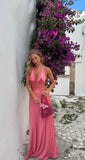 Pink A Line Halter Lace Satin Open Back Prom Dress Vacation Dress HZ1023