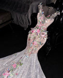 Dreamy Colorful Flower Round Neck Mermaid Lace Tulle Prom Dress Birthday Dress HZ1023