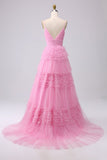 Pink A Line Spaghetti Strap Layered Tulle Long Prom Dresses HZ1023
