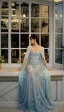Romantic A Line Beaded Blue Chiffon Prom Dress Party Dress HZ1023