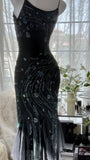 Charming Mermaid Spaghetti Strap Beaded Black Chiffon Prom Dress Evening Dress HZ1023