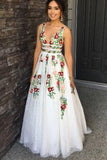 V-neck Sexy Floral Embroidered Long Prom Dresses HZ1023