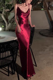 Simple Burgundy Sheath Spaghetti Strap Satin Party Dress Evening Dress HZ1023