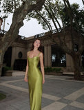 Simple Green Sheath Spaghetti Strap Satin Long Prom Dress Formal Gown HZ1023