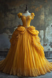 Yellow A Line Sweetheart Neck Appliques Tulle Long Prom Dress Graduation Prom Dress HZ1023