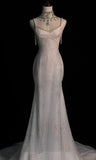 Elegant White Mermaid Spaghetti Straps Sequin Tulle Open Back Long Party Dress Date Dress HZ1023