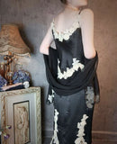 Vintage Mermaid Spaghetti Strap Appliques Black Chiffon Satin Party Dress HZ1023