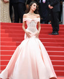 Elegant Mermaid Off the Shoulder Pink Lace Satin Prom Dress Party Dress HZ1023