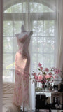 Flowy Elegant Pink Print Floral Beaded Chiffon Evening Dress Party Dress HZ1023