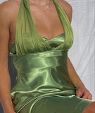 Green A Line Halter Chiffon Satin Open Back Short Homecoming Dress Outfits Dress HZ1023