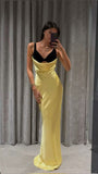 Unique Sheath Straps Yellow Black Satin Long Prom Dress Evening Dress HZ1023