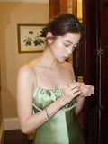 Vintage A Line Spaghetti Strap Beaded Green Satin Party Dress Evening Dress HZ1023