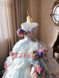 Romantic Hydrangea Flower Sweetheart Neck Ball Gown Layered Blue Organza Prom Dress Birthday Dress HZ1023