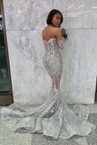 Long Sleeve Off The Shoulder Silver Black Girl Prom Dresses Mermaid Sexy Illusion Beads Crystals Evening Gowns Cheap HZ1023