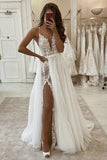 A Line V Neck Ivory Lace Long Prom Wedding Dress with High Slit, Ivory Lace Formal Dress, White Evening Dress HZ1023