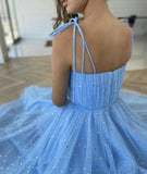 Spaghetti Straps Sequins Blue Tea Length Prom Dress, Blue Tea length Formal Homecoming Dress, Sequins Evening Dress HZ1023