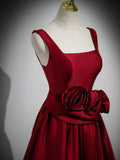 A Line Straps Burgundy Satin Long Prom Dress with Flower HZ1023
