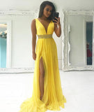 Yellow v neck beads chiffon long prom dress yellow evening dress HZ1023